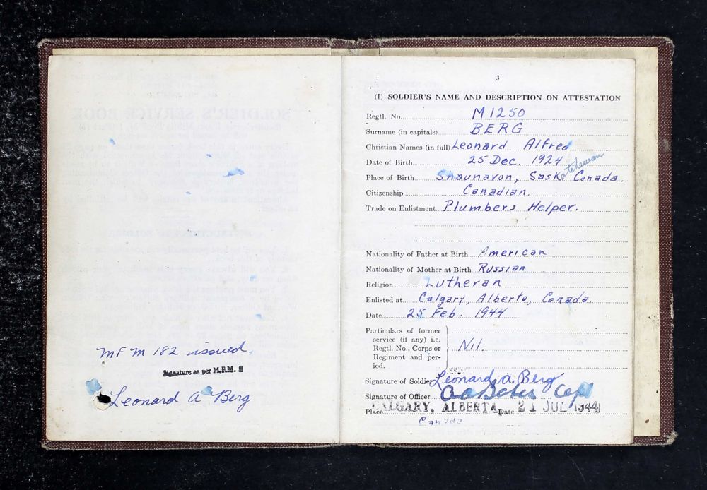 Berg, Leonard Alfred_Soldatenboekje -Soldiers Paybook (Bron: Canada, WWII Service Files of War Dead, 1939-1947)