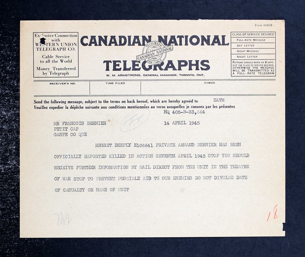 Bernier, Armand: (Bron: Canada, WWII Service Files of War Dead, 1939-1947)