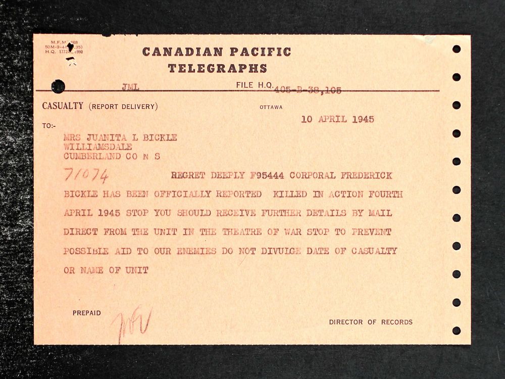 Frederick Bickle: Telegram (Bron: Canada, WWII Service Files of War Dead, 1939-1947)