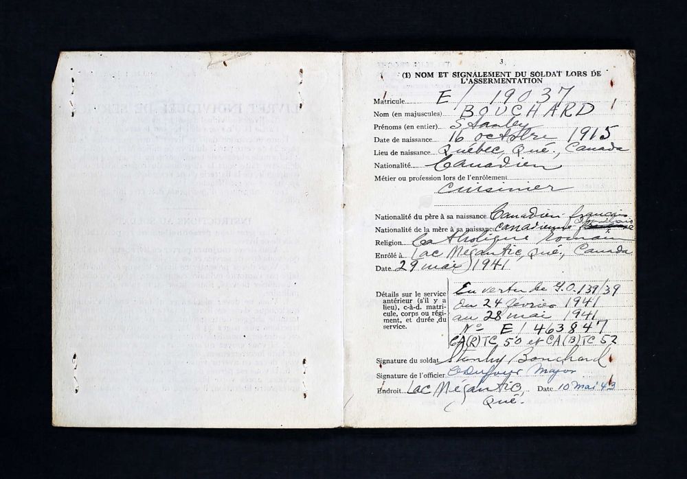 Bouchard, Stanley  Soldatenboekje -Soldiers Paybook (Bron: Canada, WWII Service Files of War Dead, 1939-1947)