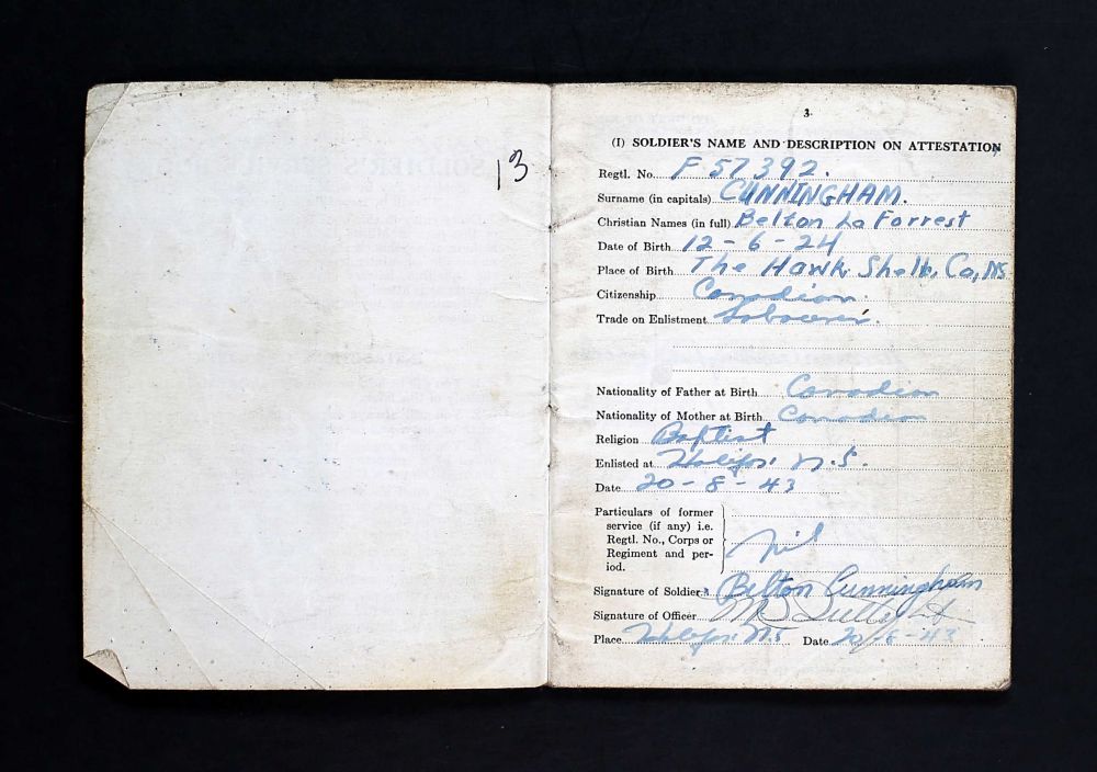 Belton LaForrest Cunningham: Soldatenboekje -Soldiers Paybook (Bron: Canada, WWII Service Files of War Dead, 1939-1947)