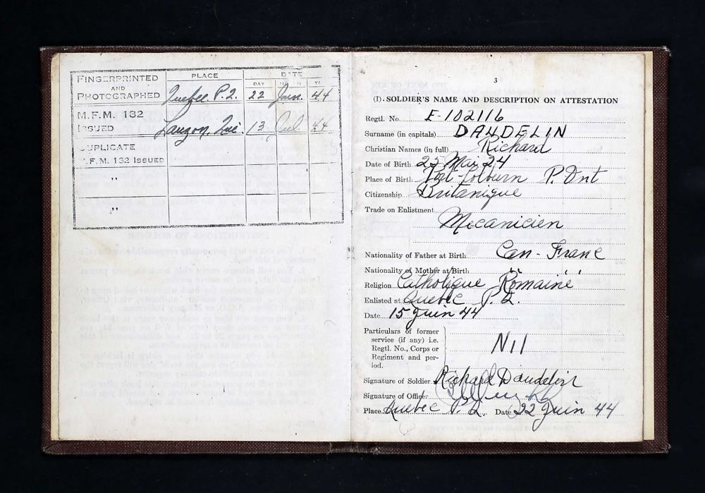 Daudelin, Richard: Soldatenboekje -Soldiers Paybook (Bron: Canada, WWII Service Files of War Dead, 1939-1947)