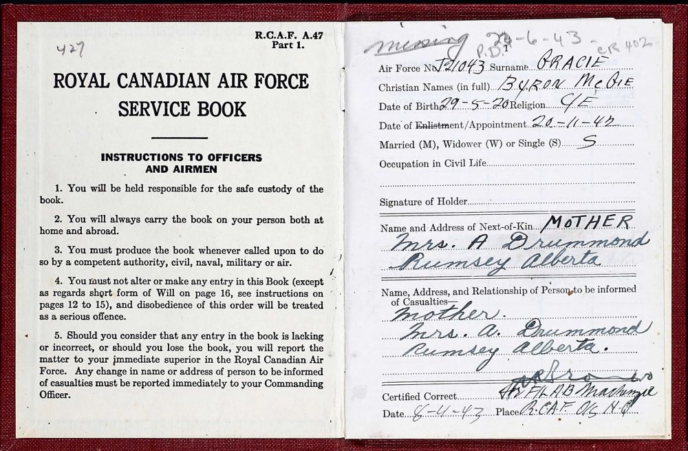 Byron McGie Gracie - RCAF. Soldatenboekje -Soldiers Paybook (Bron: Canada, WWII Service Files of War Dead, 1939-1947)