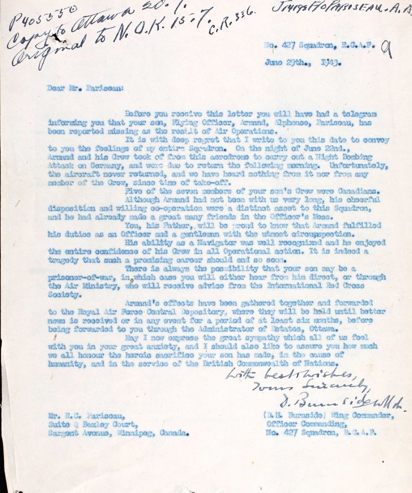 Letter - Brief  Wing Commander Burnside,  RCAF