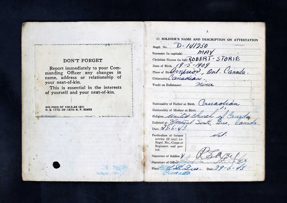 May, Robert Story_Soldatenboekje -Soldiers Paybook (Bron: Canada, WWII Service Files of War Dead, 1939-1947)