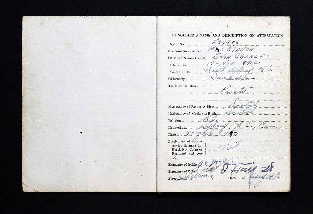 McKinnon, John Charles: Soldatenboekje -Soldiers Paybook (Bron: Canada, WWII Service Files of War Dead, 1939-1947)