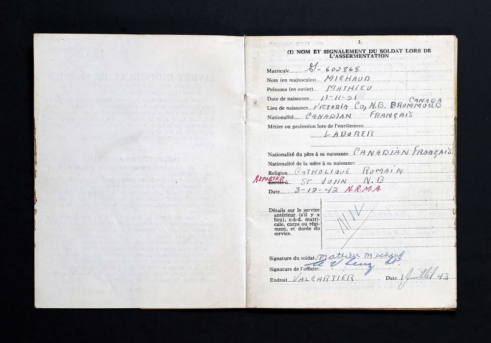 Michaud, Matthieu:Soldatenboekje -Soldiers Paybook (Bron: Canada, WWII Service Files of War Dead, 1939-