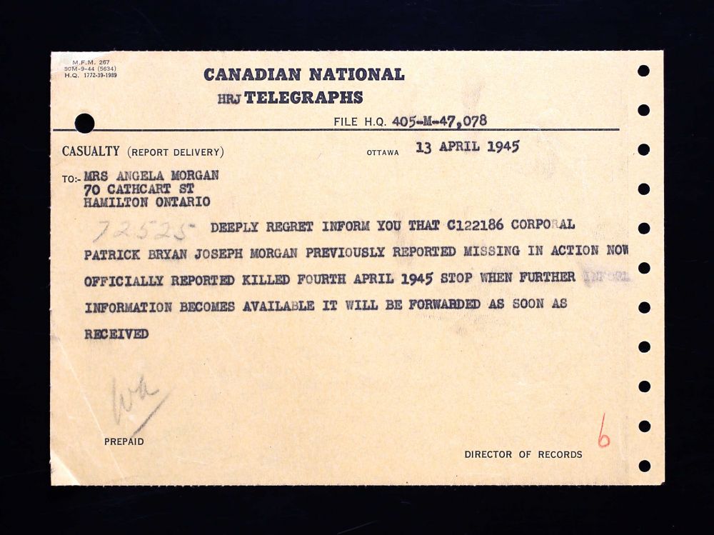 Telegram (Bron: Canada, WWII Service Files of War Dead, 1939-1947)