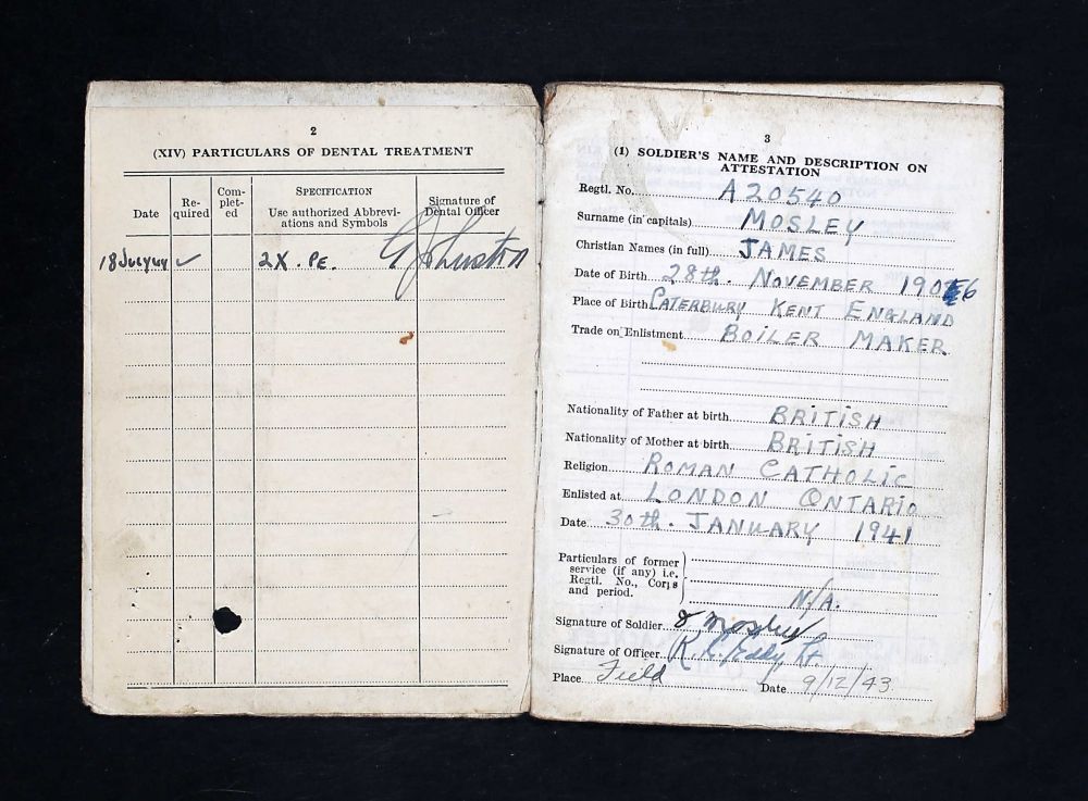 Mosley, James Soldatenboekje -Soldiers Paybook (Bron: Canada, WWII Service Files of War Dead, 1939-1947)