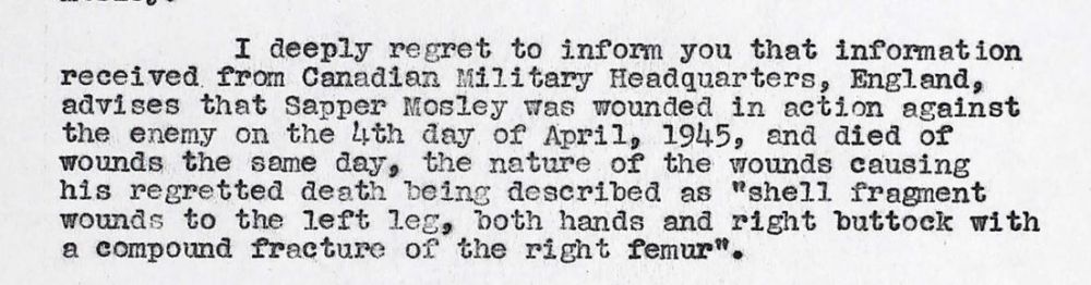 Mosley, James medisch rapport- Medical report (Bron: Canada, WWII Service Files of War Dead, 1939-1947)