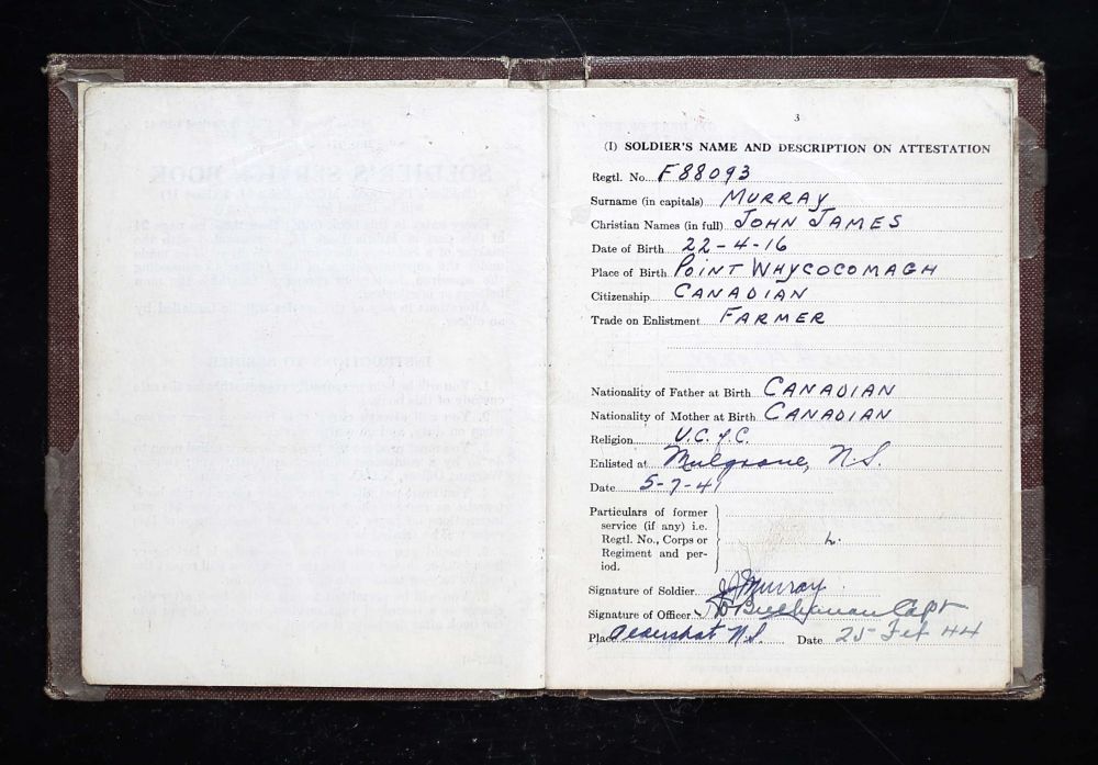 Murray, John James: Soldatenboekje -Soldiers Paybook (Bron: Canada, WWII Service Files of War Dead, 1939-1947)