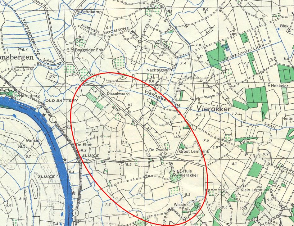 Het gebied waar door het regiment gevochten werd op 4 en 5 april