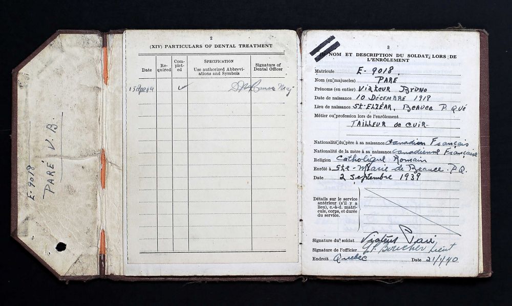 Pare, Viateur Bruno Soldatenboekje -Soldiers Paybook (Bron: Canada, WWII Service Files of War Dead, 1939-1947)
