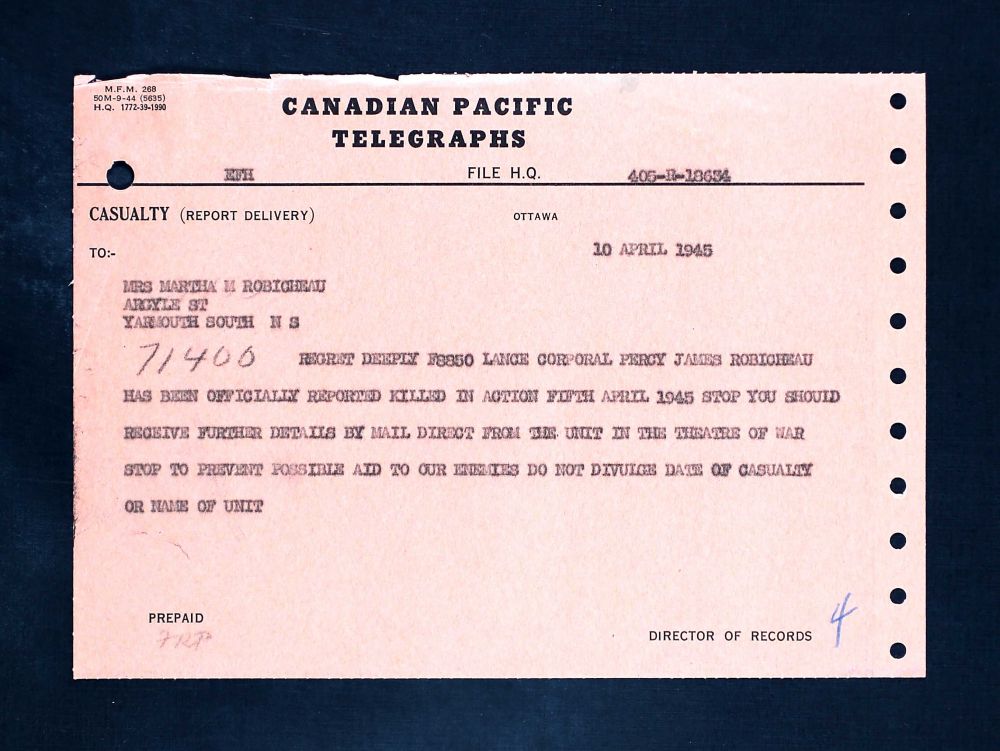 Robichau, Percy_telegram (Bron: Canada, WWII Service Files of War Dead, 1939-1947)