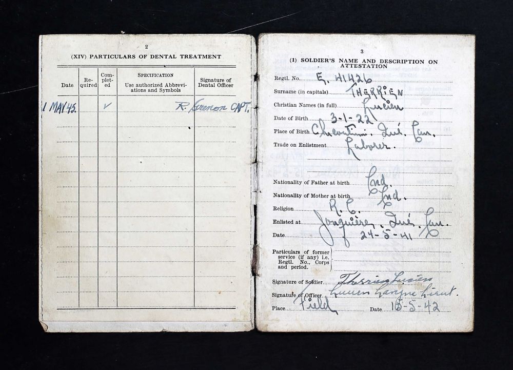 Therrien, Lucien Soldatenboekje -Soldiers Paybook (Bron: Canada, WWII Service Files of War Dead, 1939-