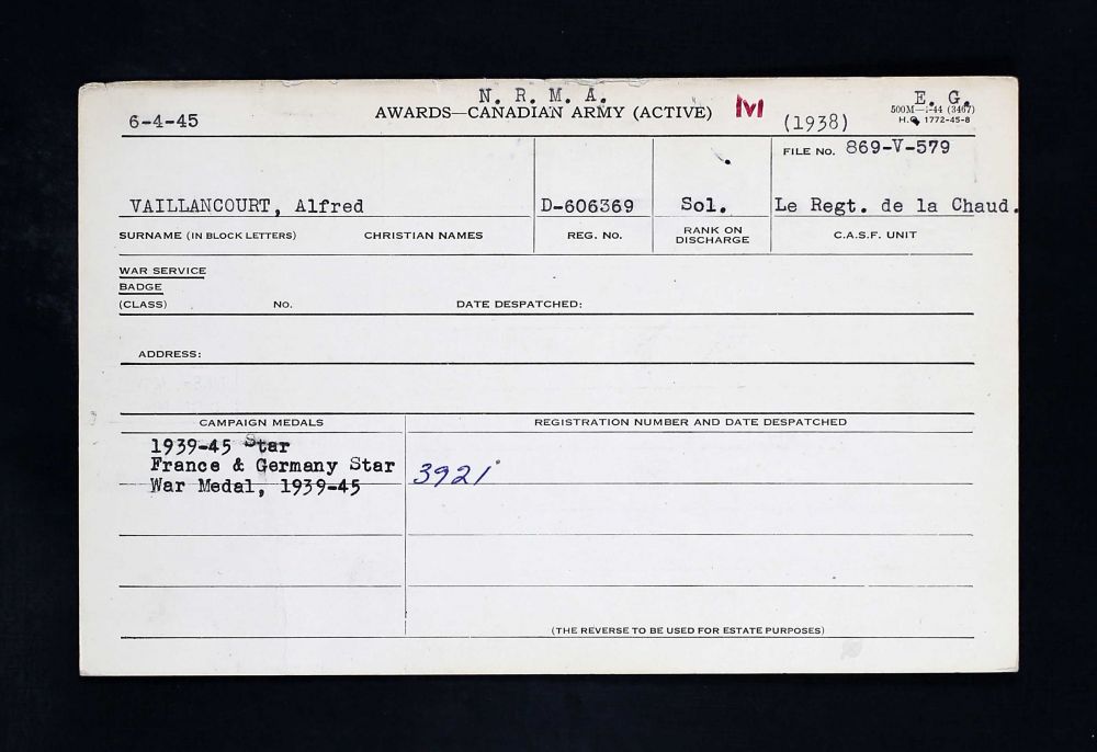 Vaillancourt, Alfred (Bron: Canada, WWII Service Files of War Dead, 1939-1947)