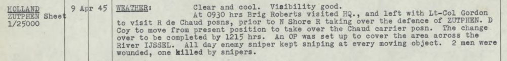 James Robert Thomson - War diary NSR 9 april 1945 (Bron: Library and Archives Canada)