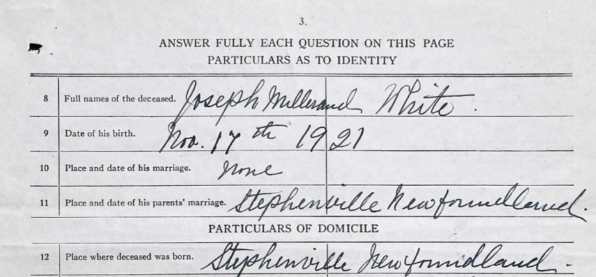 White,Joseph Millerand_Birthdate according to his father (Bron: Canada, WWII Service Files of War Dead, 1939-1947)